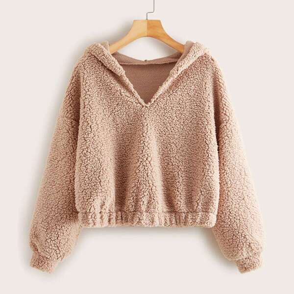 

Solid Drop Shoulder Hooded Teddy Sweatshirt, Nude
