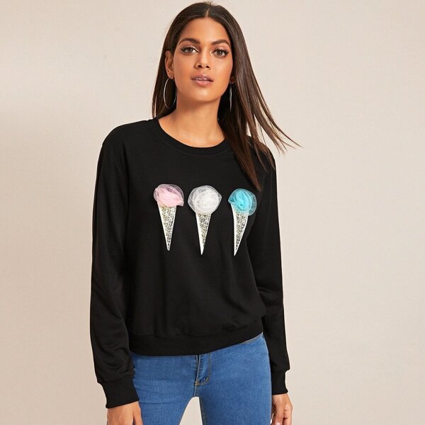 

Mesh Appliques Round Neck Sweatshirt, Black