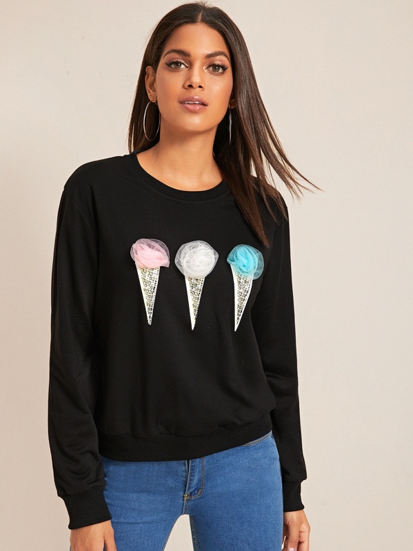

Mesh Appliques Round Neck Sweatshirt, Black, Joana