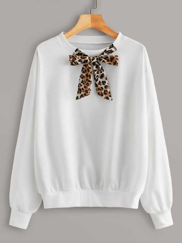 

Leopard Tie Neck Drop Shoulder Sweatshirt, White