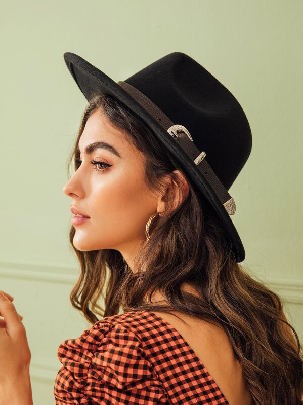 

Buckle Belt Decor Fedora Hat, Black