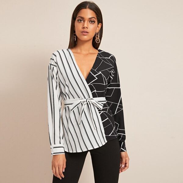 

Stripe And Geo Print Spliced Belted Blouse