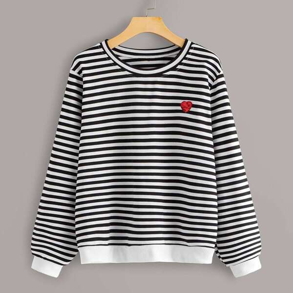 

Round Neck Contrast Sequin Striped Sweatshirt, Black and white