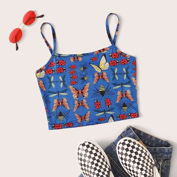 

Butterfly Print Crop Cami Top, Blue
