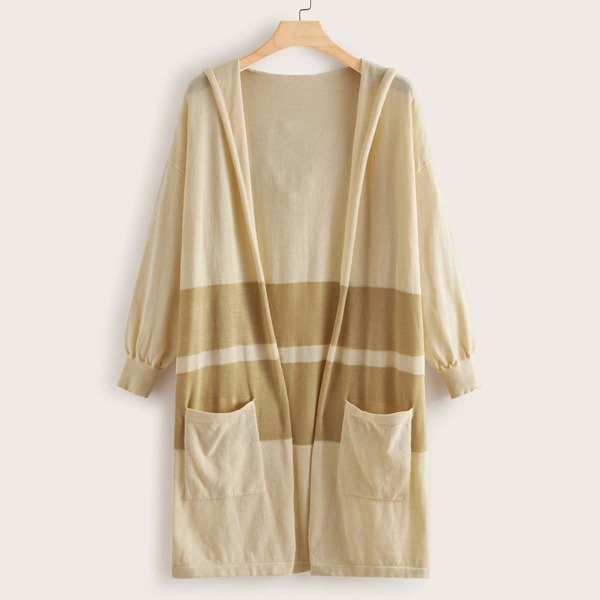 

Plus Color-block Pocket Hooded Cardigan, Beige pastel