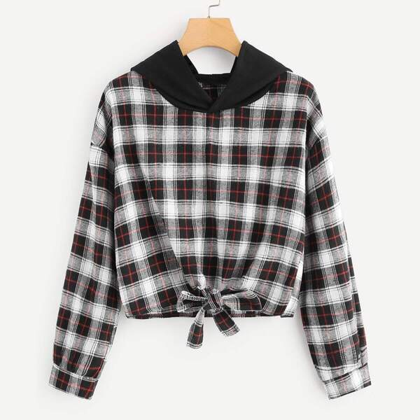 

Plus Plaid Tie Front Hooded Blouse, Multicolor