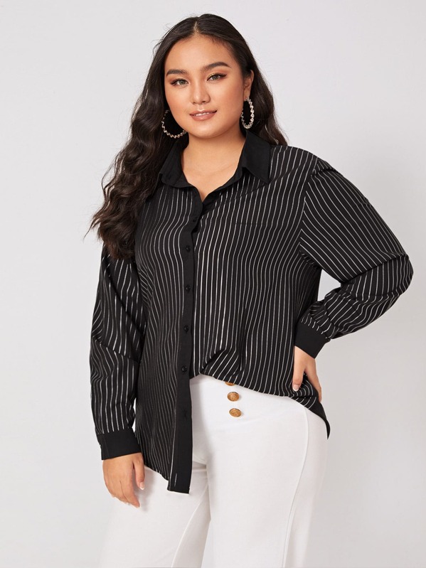 

Plus Striped Curved Hem Blouse, Black, Ma Tian