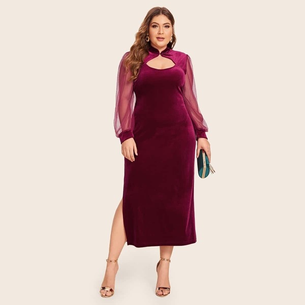 

Plus Mesh Sleeve Mandarin Collar Velvet Dress, Burgundy