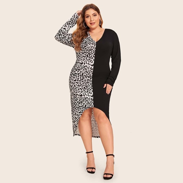 

Plus Leopard Print High Low Spliced Dress, Black and white