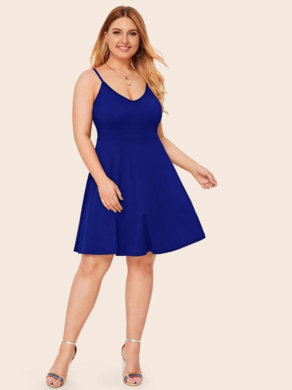 

Plus Solid Low Back Flare Cami Dress, Blue, Nora