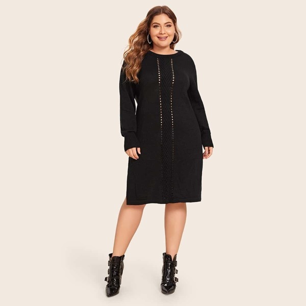 

Plus Hollow Out Split Side Sweater Dress, Black