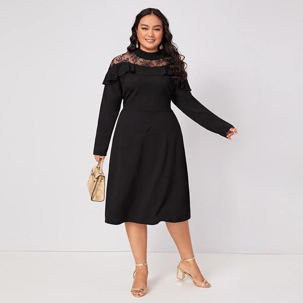

Plus Lace Insert Ruffle Trim Frill Neck Dress, Black