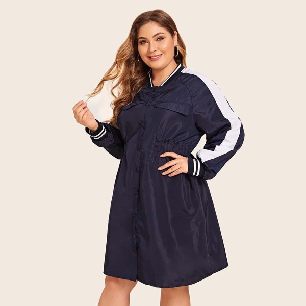 

Plus Contrast Tape Button Front Windbreaker Jacket, Navy