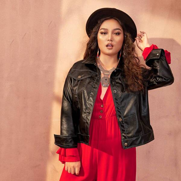 

Plus Top Stitching Button Through PU Jacket, Black