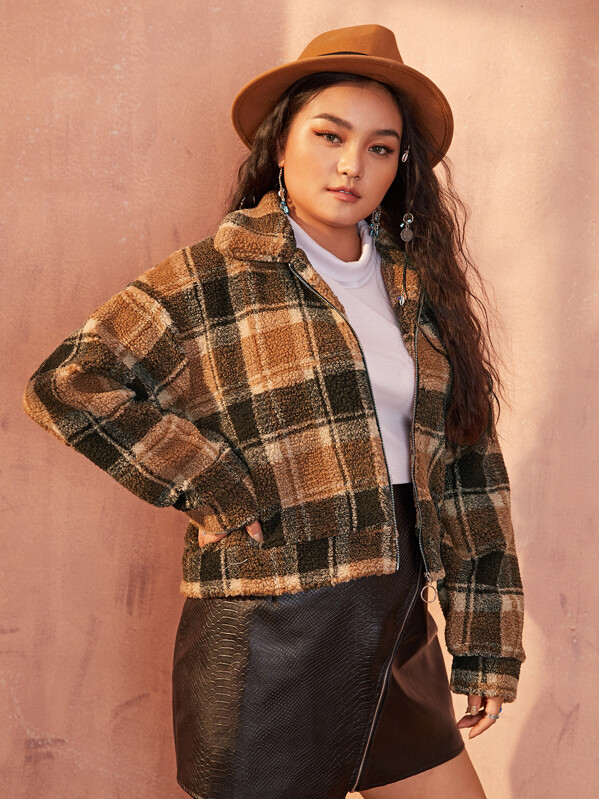 

Plus Plaid O-Ring Zip Teddy Jacket, Multicolor, Ma Tian