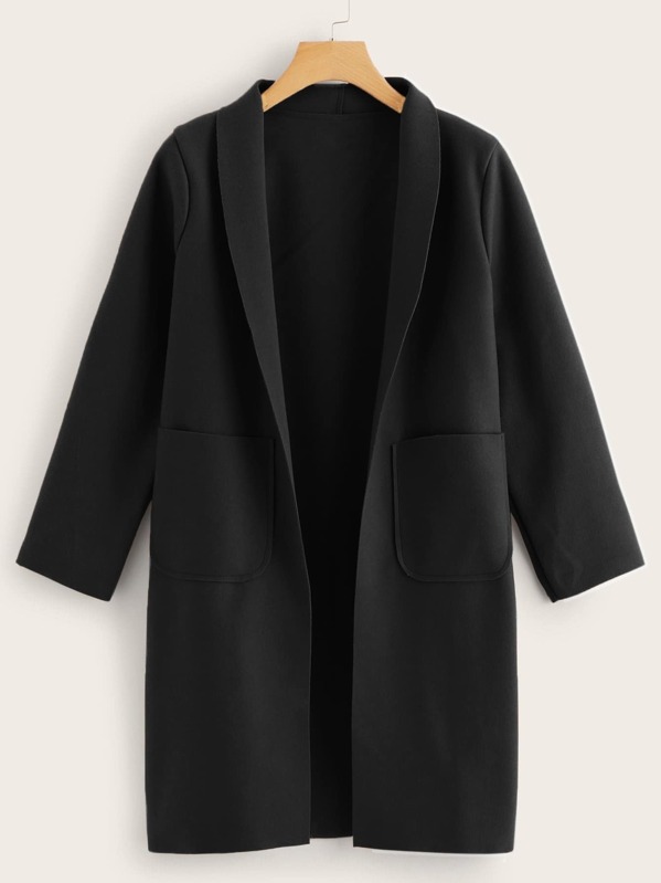 

Plus Open Front Shawl Collar Pocket Patched Coat, Black