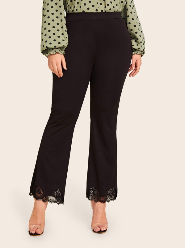 

Plus Lace Trim Flare Leg Pants, Black, Carol