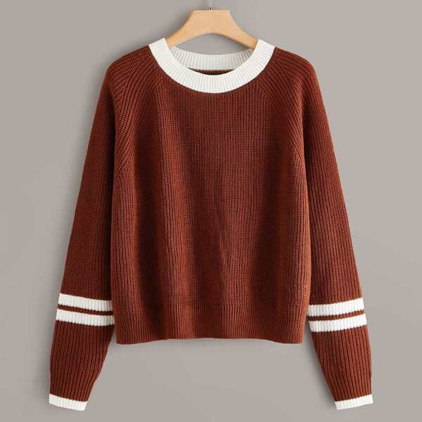 

Plus Striped Sleeve Round Neck Sweater, Brown