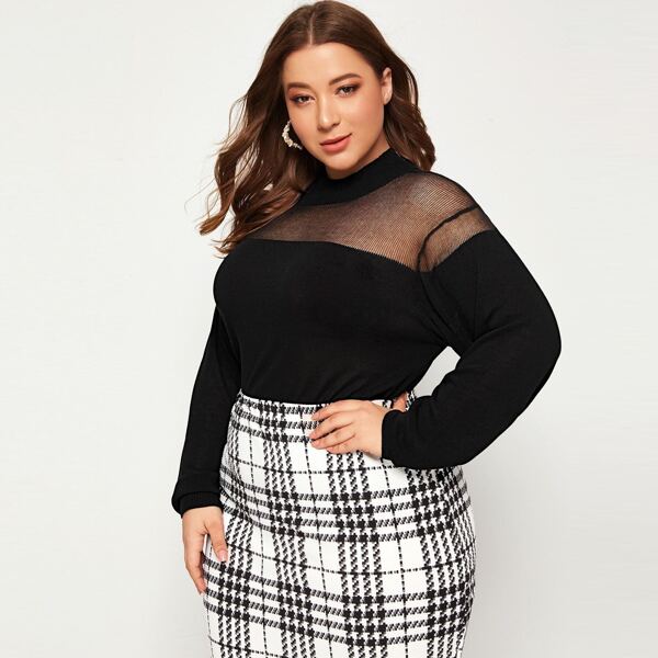 

Plus Mock Neck Mesh Insert Sweater, Black
