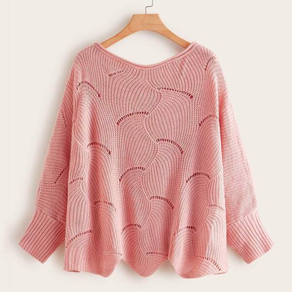 

Plus Hollow Out Asymmetrical Hem Sweater, Pink