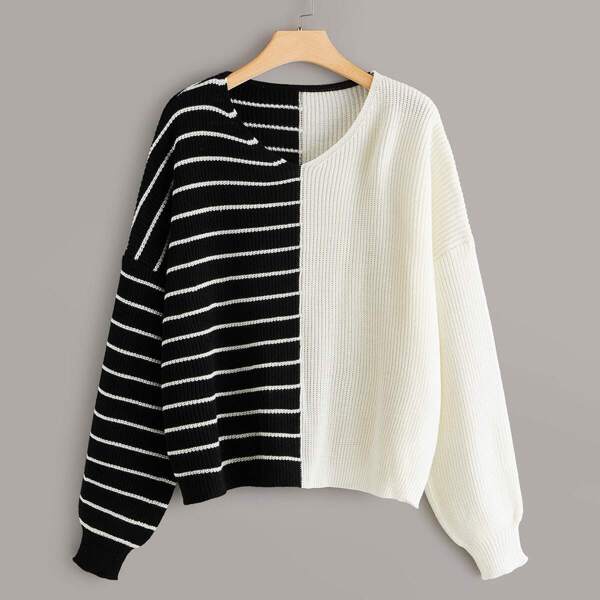 

Plus Two Tone Striped Drop Shoulder Sweater, Black and white