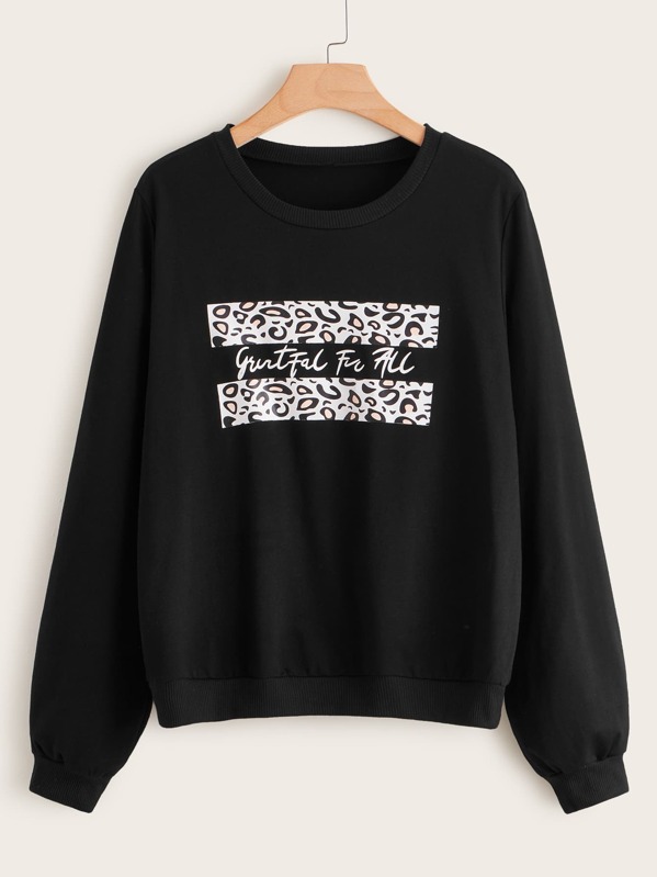 

Plus Leopard & Letter Print Long Sleeve Sweatshirt, Black