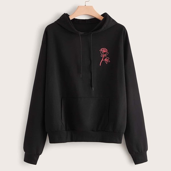 

Plus Rose Print Pocket Front Hoodie, Black