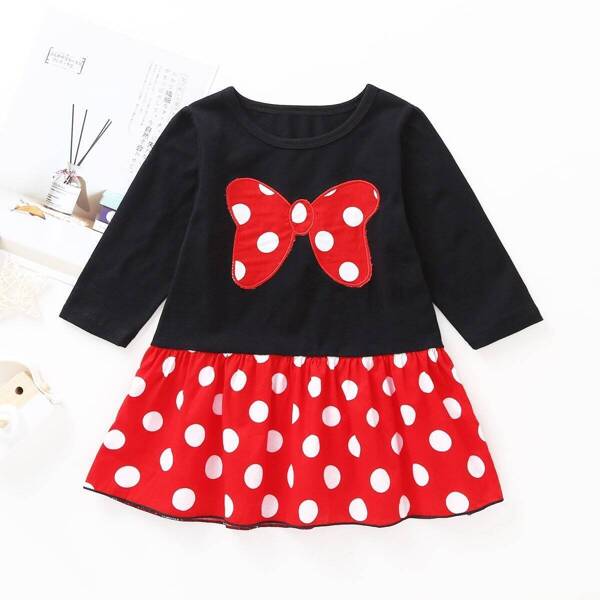 

Toddler Girls Bow Embroidery Polka Dot Combo Dress