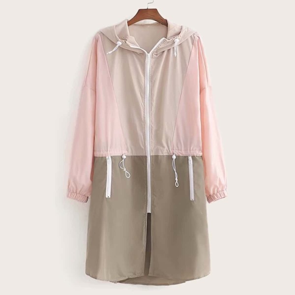 

Two Tone Drawstring Hooded Windbreaker Jacket
