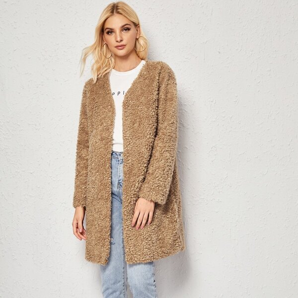 

Open Front Solid Teddy Coat, Khaki
