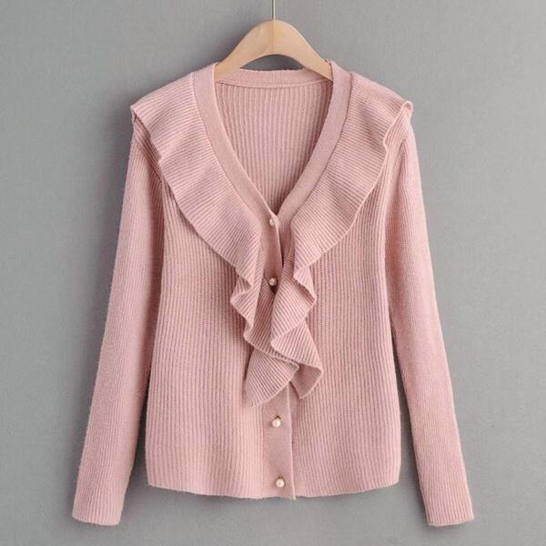

Ruffle Trim Pearls Button Through Cardigan