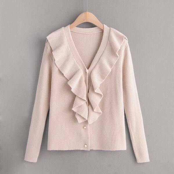 

Ruffle Trim Pearls Button Through Cardigan
