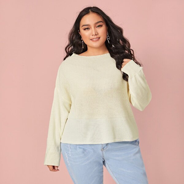 

Plus Drop Shoulder Cable Knit Sweater, White
