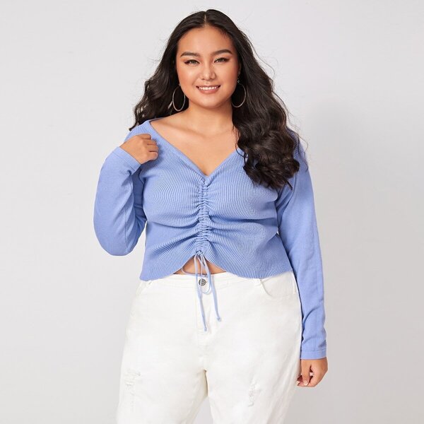 

Plus V-neck Drawstring Front Solid Jumper, Blue