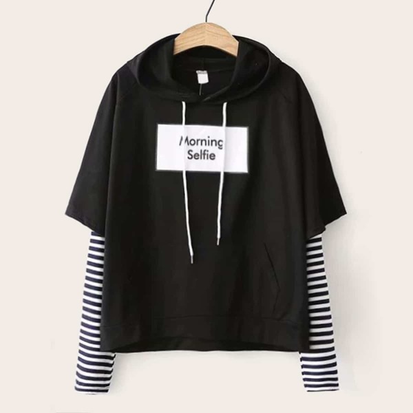 

Contrast Stripe Sleeve Letter Graphic Hoodie, Black
