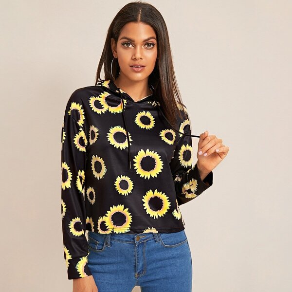 

Sunflower Print Drawstring Hoodie