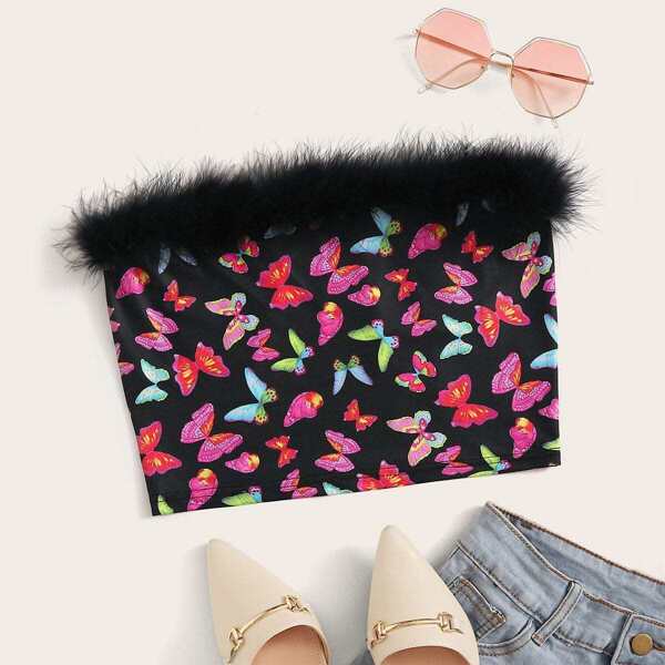 

Contrast Faux Fur Butterfly Print Tube Top, Multicolor