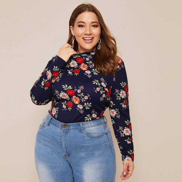 

Plus Mock Neck Floral Print Tee