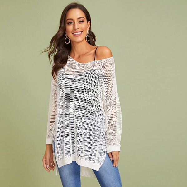 

Slit Side Loose Knit Cover Up, White