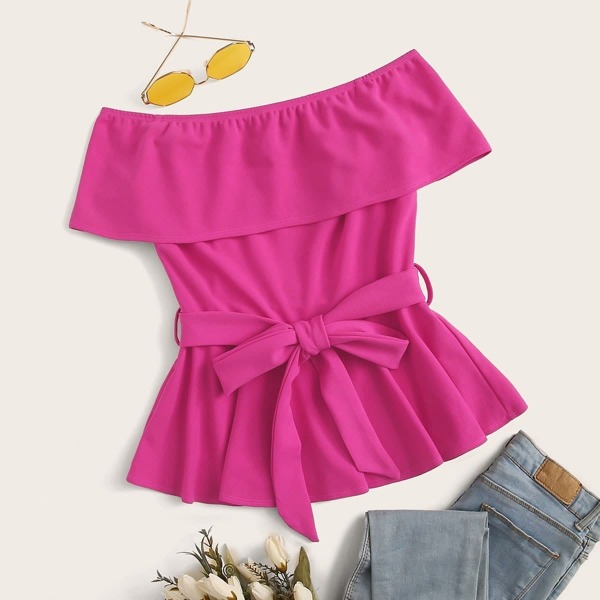 

Neon Pink Foldover Front Self Belted Peplum Bardot Top, Pink bright