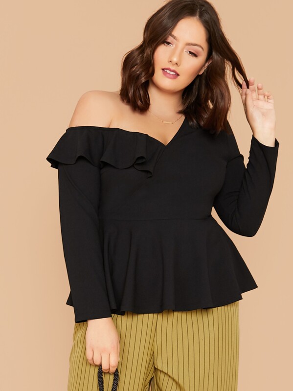 

Plus Asymmetrical Neck Ruffle Trim Peplum Top, Black, Marcelle Pallais