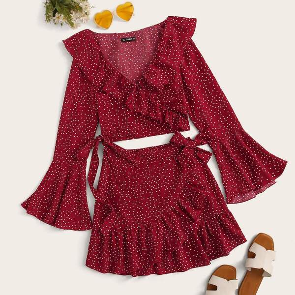 

Bell Sleeve Ruffle Trim Tie Front Wrap Top & Skirt Set, Burgundy