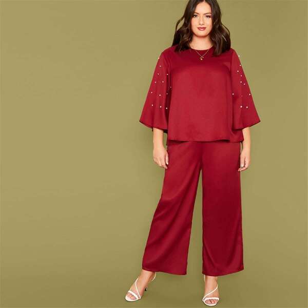 

Plus Pearls Flounce Sleeve Top & Wide Leg Pants Set, Burgundy