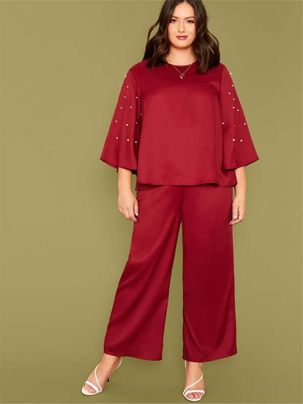 

Plus Pearls Flounce Sleeve Top & Wide Leg Pants Set, Burgundy, Marcelle Pallais