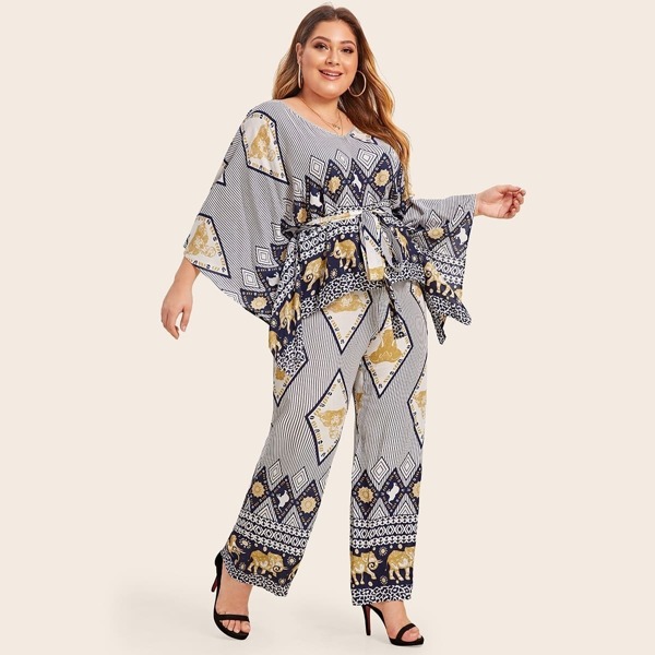 

Plus V-neck Scarf Print Belted Top & Palazzo Pants, Multicolor