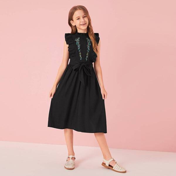

Girls Flower Embroidered Ruffle Belted Dress, Black