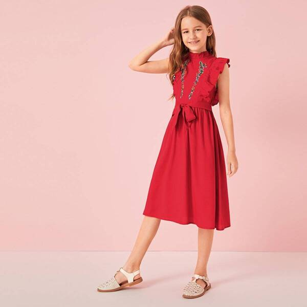 

Girls Flower Embroidered Ruffle Belted Dress, Red bright