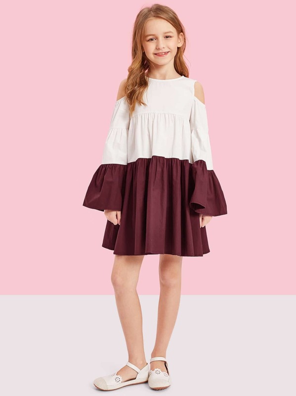 

Girls Cold Shoulder Two Tone Smock Dress, Multicolor, Sashab