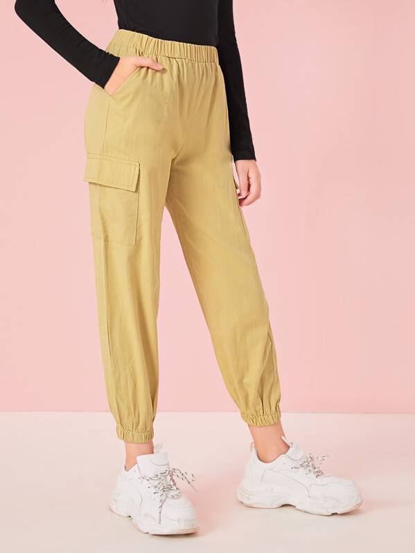 

Girls Elastic Waist and Hem Flap Pocket Side Pants, Khaki, Sashab