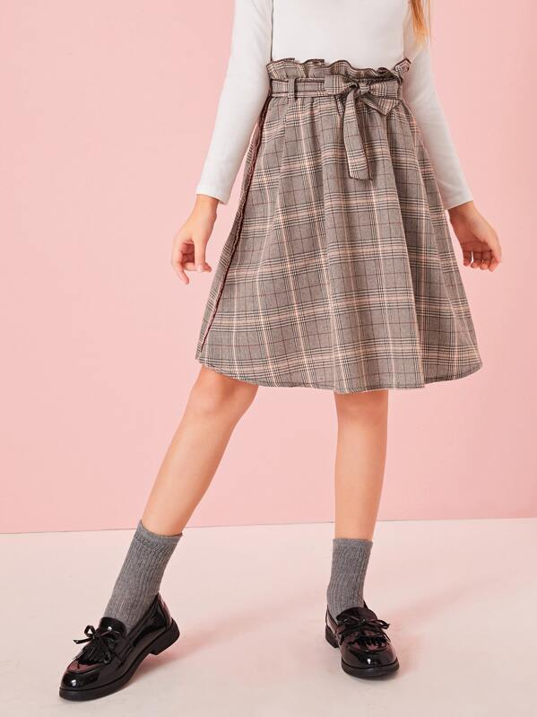 

Girls Paperbag Waist Contrast Tape Side Plaid Skirt, Khaki, Sashab